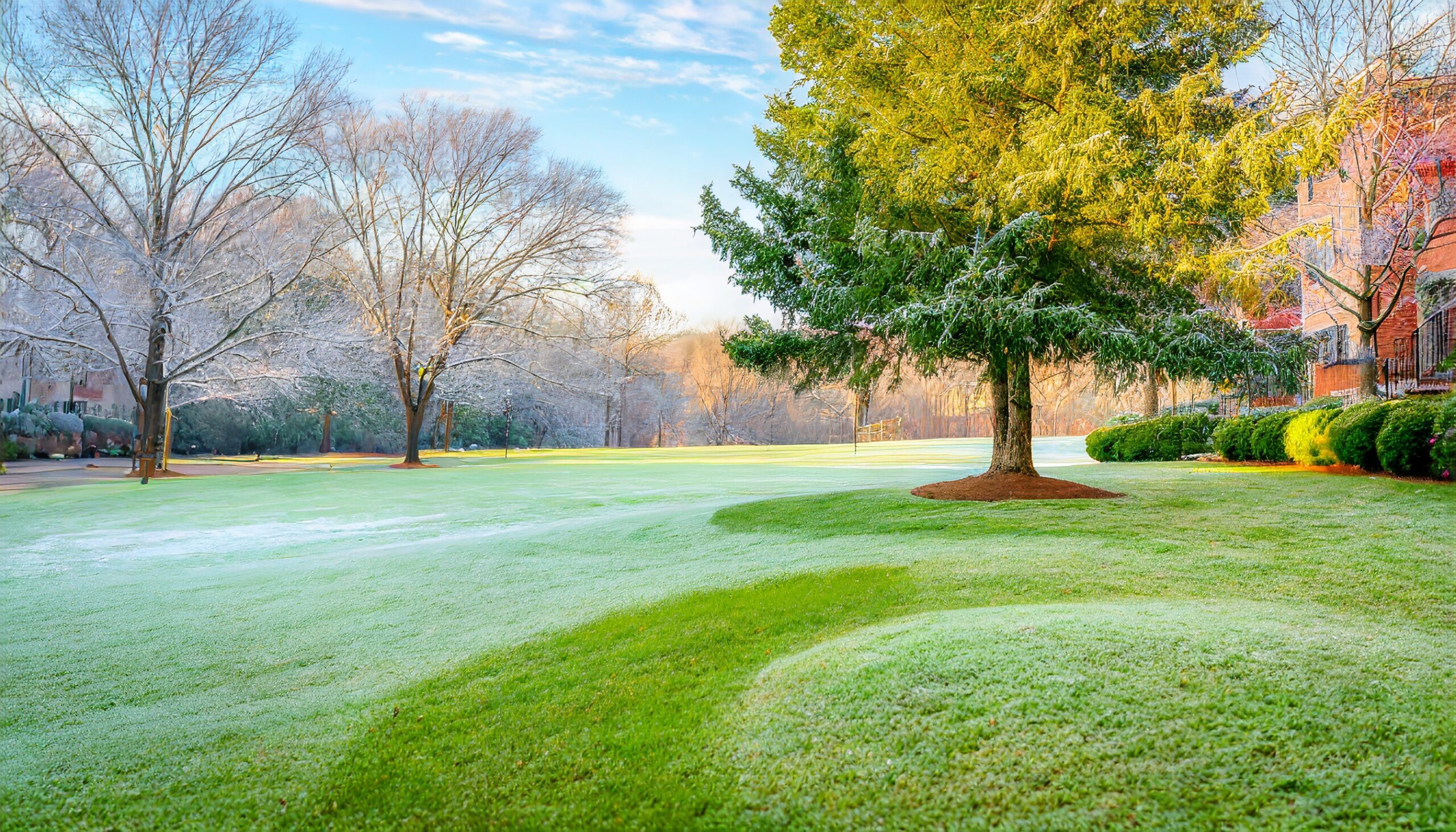 Winter landscape with a well-maintained lawn, highlighting lawn prep for winter with Turf Managers.