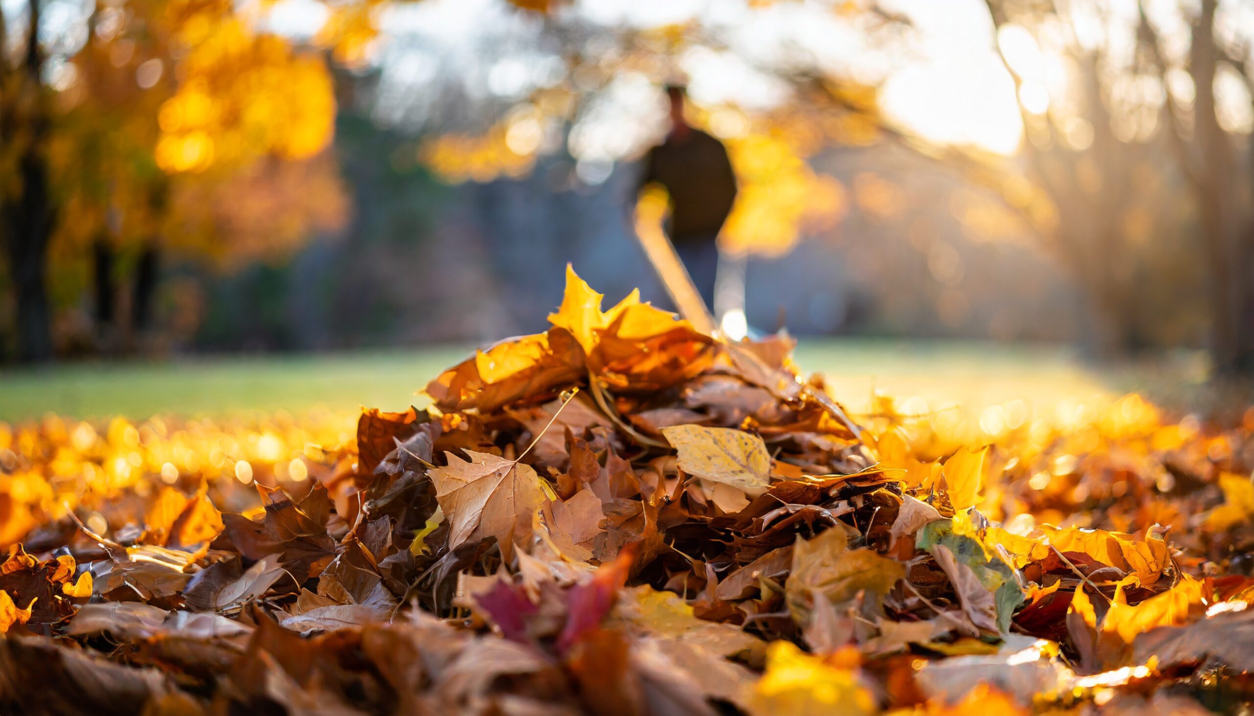 Person standing on a freshly cleaned lawn after a successful leaf clean up, with a pile of colorful autumn leaves in the foreground.