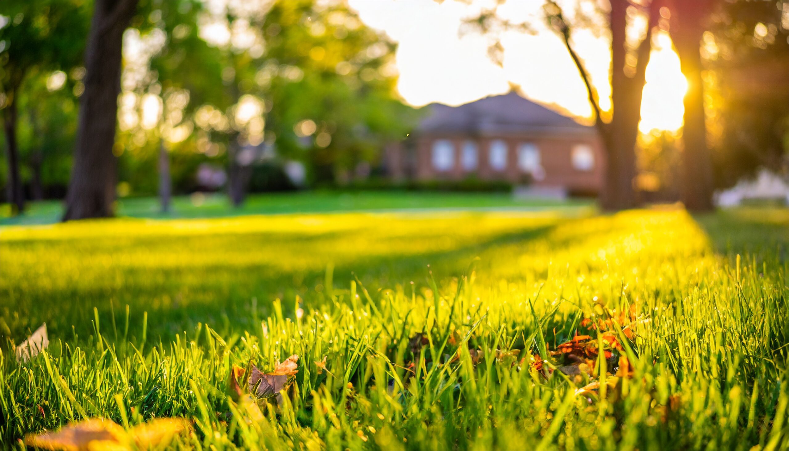 A lawn in Nashville, Tennessee with a few leaves scattered, showcasing the falling leaves and Turf Managers leaf removal in Nashville.