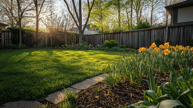 A backyard in Nashville, TN, highlighting after winter grass care.