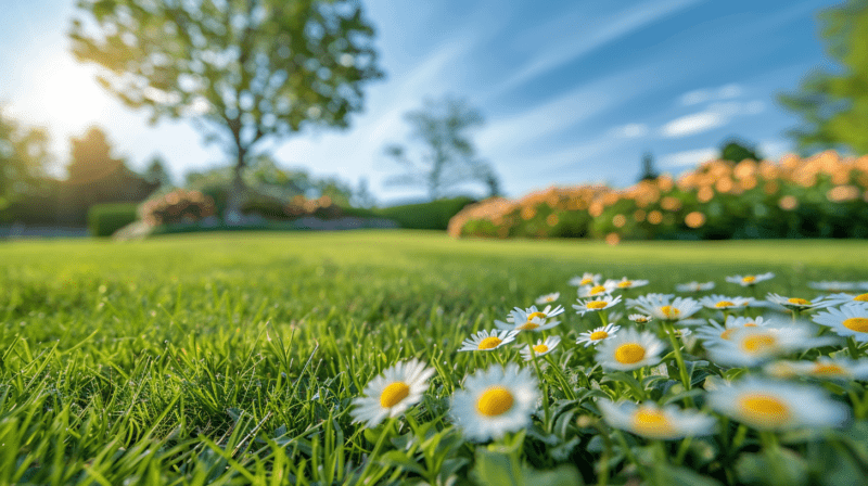 A Nashville lawn showcasing spring lawn care steps with neatly trimmed grass and vibrant daisies.