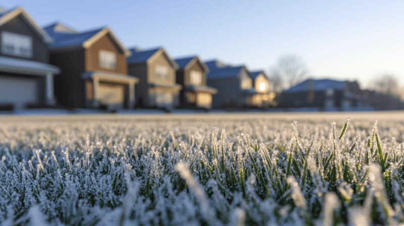Winter lawn services on a frosted suburban lawn in Nashville.