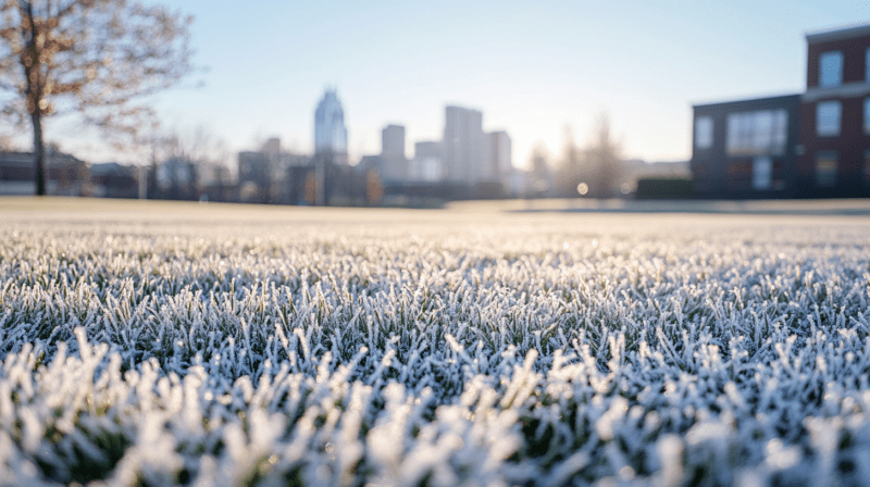 Frosted grass in winter with Nashville skyline in the background, how to treat grass in winter.