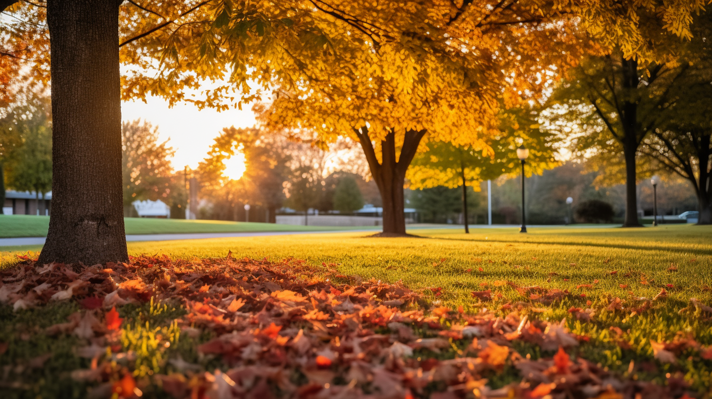 Lush lawn enriched with fall fertilizer, adorned with autumn leaves during golden hour.