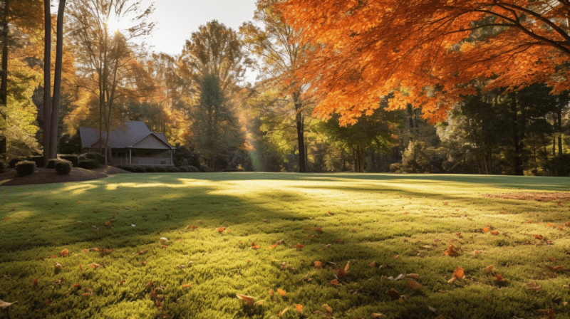 Lawn during autumn with vibrant fall leaves scattered around, representing fall lawn aeration.
