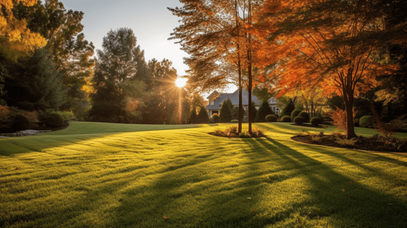 Beautifully manicured lawn during autumn with scattered fall leaves and a warm sunset glow, representing fall lawn care.