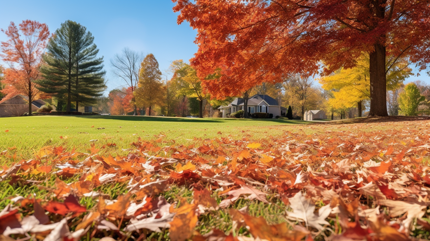 a lush lawn with fall trees in the background, showcasing fall lawn care tips.