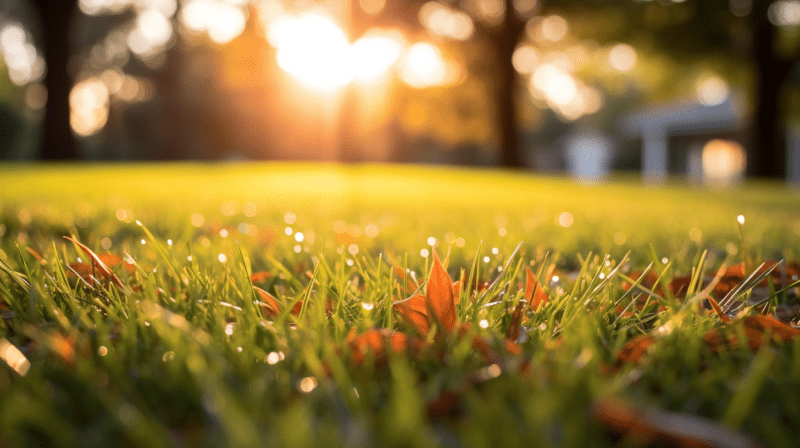 Golden hour view of a pristine lawn in autumn with subtle hints of fall lawn pests.