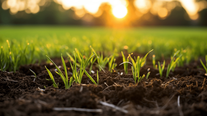 Freshly sown grass seed for fall planting during a golden hour sunset.