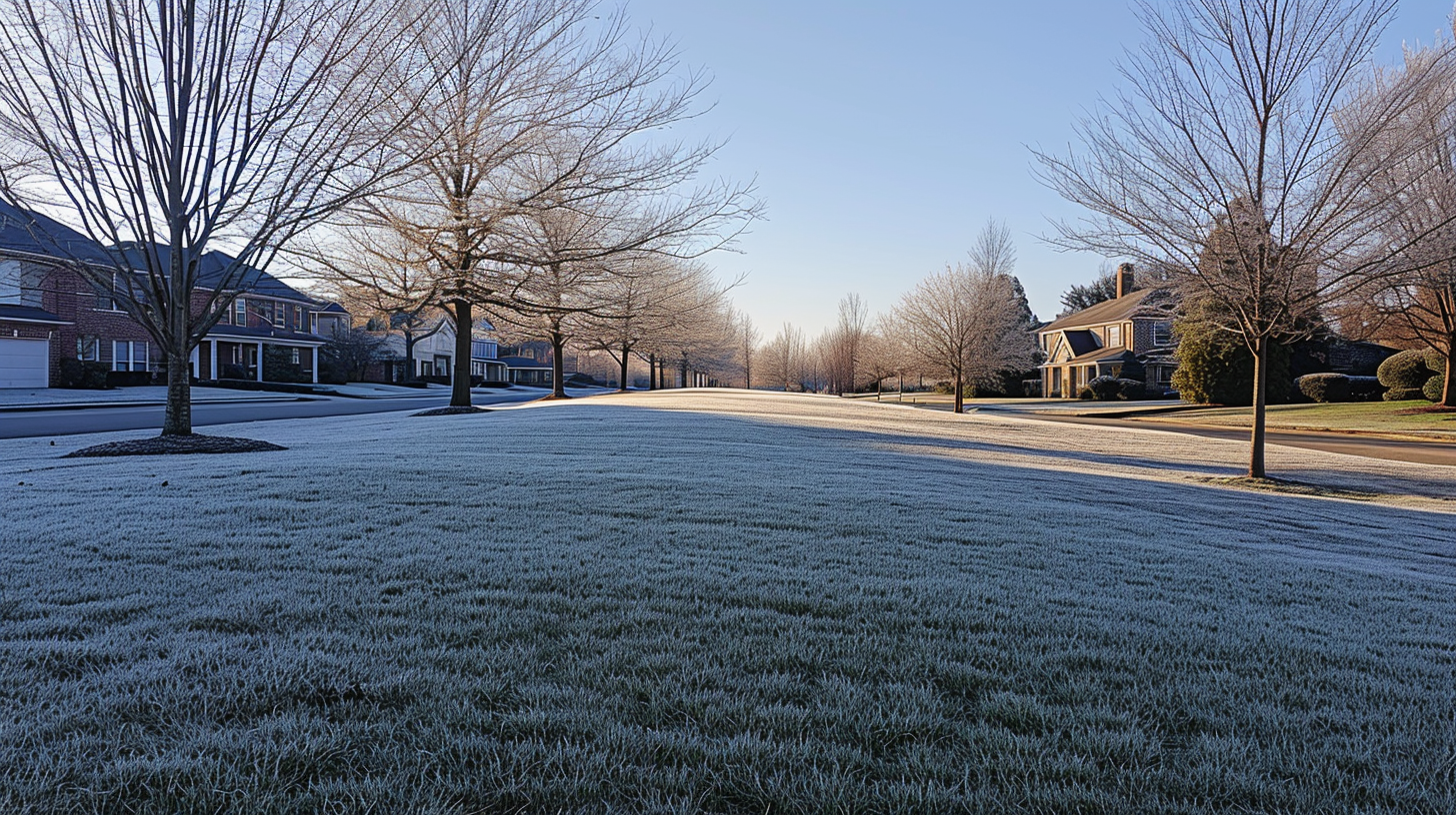 Suburban Nashville lawn care in winter, showing signs of aeration and recent mowing, under a clear winter sky.