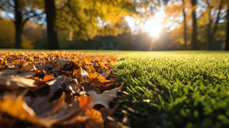 Contrast between a lawn covered in autumn leaves and a cleared section showcasing vibrant green grass, illustrating the effectiveness of leaf removal services.