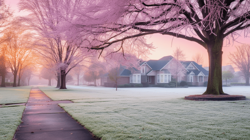 Frost-covered lawn at dawn, showcasing the importance of preparing lawn for winter.