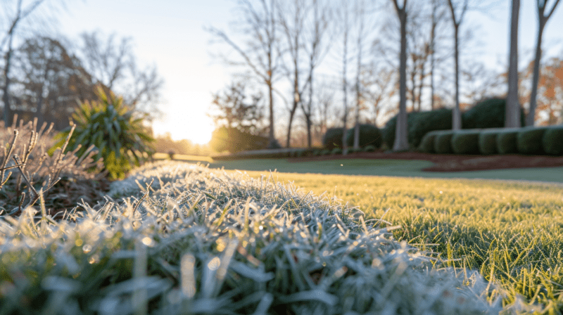 Lush, green lawn with frost during winter, showcasing effective techniques for taking care of grass in winter.