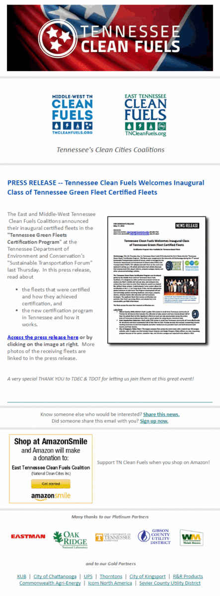 Tennessee Clean Fuels Welcomes Inaugural Class of Tennessee Green Fleet Certified Fleets (Email Campaign)