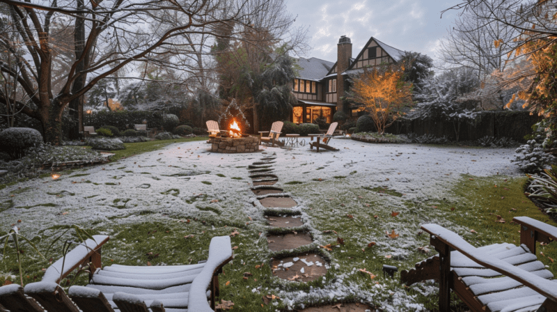 Serene winter landscaping in a Nashville home featuring snow-covered lawn, evergreens, and a glowing fire pit.