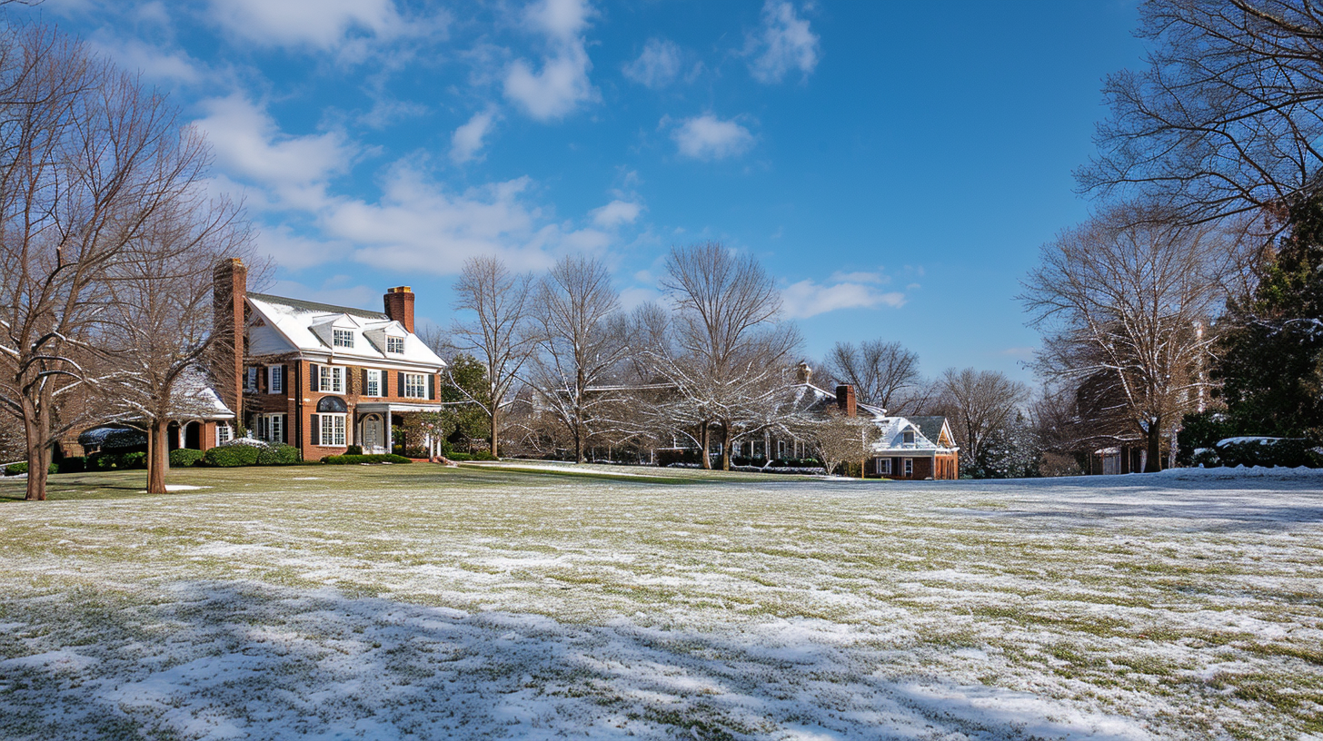A picturesque winter scene in Nashville, showcasing a well-maintained, lush lawn with a traditional home in the background, embodying effective winter lawn care in Nashville.