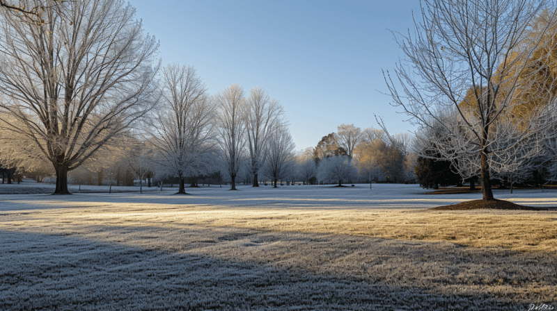 Frosted lawn with a gentle morning sun highlighting winter yard treatment effectiveness in Nashville.